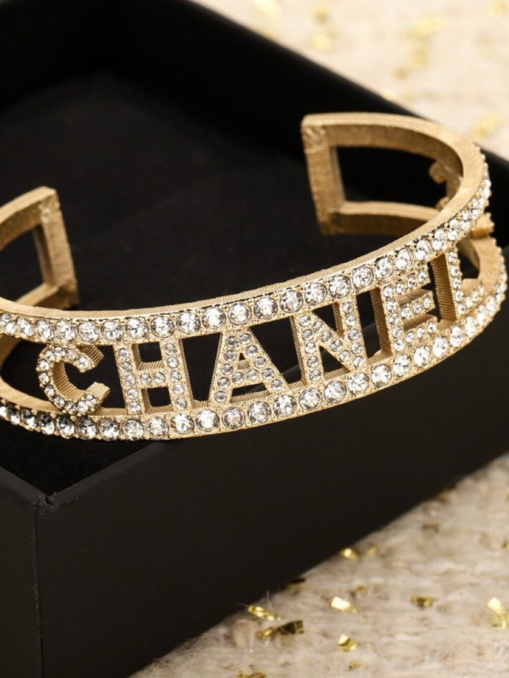 Chanel Gold-Tone Crystal Logo Letter Cuff Bracelet